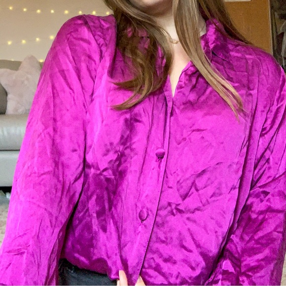 Winter Silks Button Down Magenta Silk Top - Picture 1 of 5